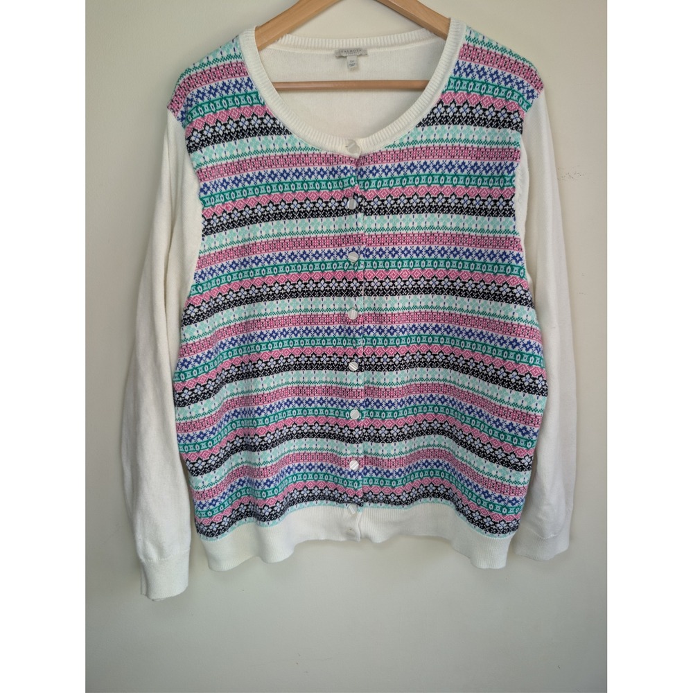 TALBOTS Button Front Fair Isle Cardigan Sweater‎ Sz 3X White Pink Geometric Knit